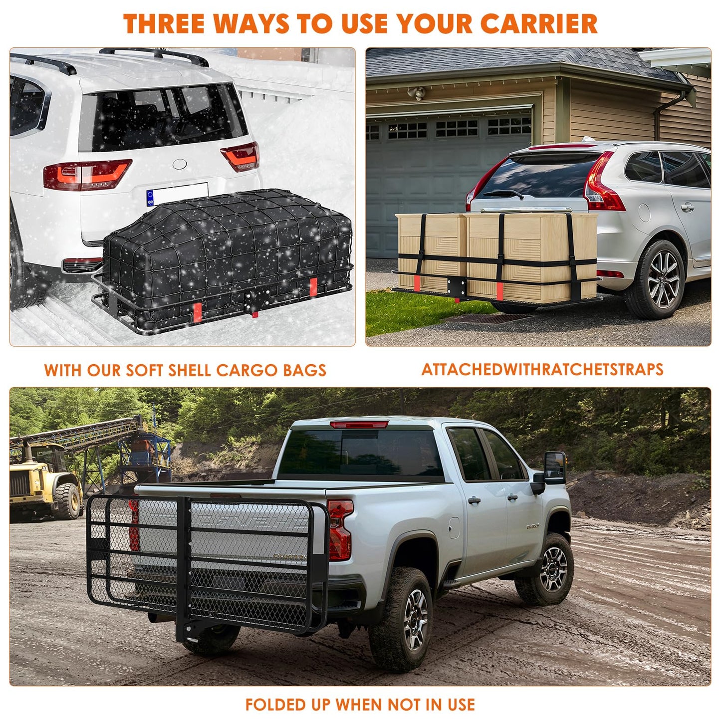 Garvee 60x24x6 Hitch Carrier for 2 Inch Receiver, 500LB Capacity Hitch Mount Rack with Folding Cargo Basket, Rust-Resistant Coat