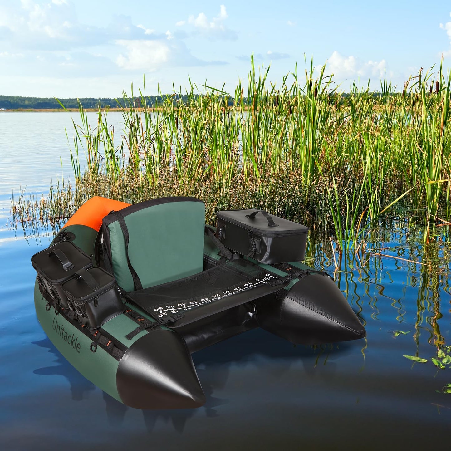 UNITACKLE Inflatable Fishing Float Tube, Belly Boat Fishing with Detachable Side Bags, Hand Pump, Fish Ruler, Paddle, Fins, Rod Holder and Mount, Inflatable Float Tube for 330lb Load Capacity