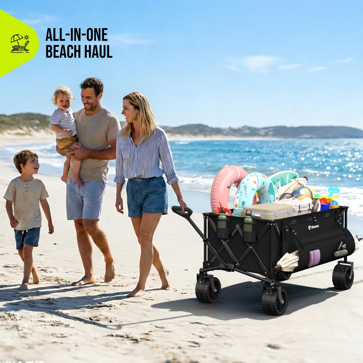 Hikemoon 300L Extra Large Wagons Carts Foldable, 560LBS Heavy Duty Collapsible Beach Wagon 48" Long with Big All-Terrain Wheels, Utility Folding Cart for Camping, Grocery, Sports, Garden, Black