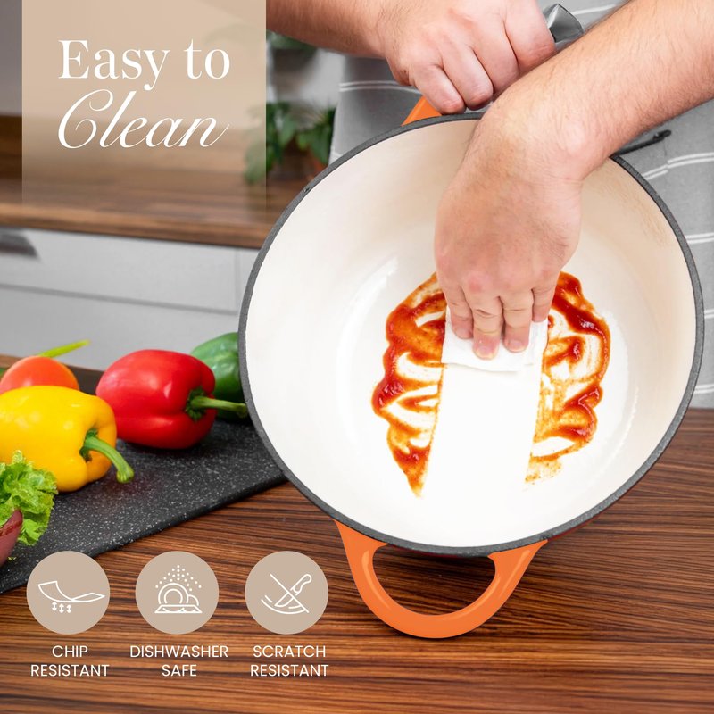 Cast Iron Dutch Oven with Lid – Non-Stick Ovenproof Enamelled Casserole Pot – Sturdy Dutch Oven Cookware – Orange, 7.3-Quart, 30cm – by Nuovva