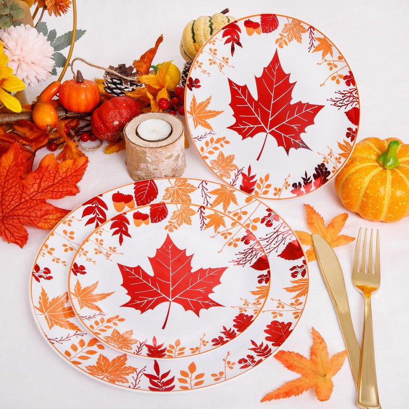 Liacere 150PCS Thanksgiving Plastic Plates- Include 30 Dinner Plates, 30 Dessert Plate,30 Forks, 30 Gold Spoons, 30 Gold Knives Perfect for Thanksgiving& Fall Plates
