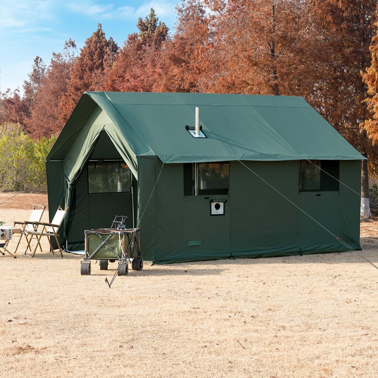 WaldZimmer Cotton Canvas Wall Tent with Rain Canopy Waterproof Outdoor Tent for Hunting Family 4 Season Camping Tents Heavy Duty Steel Frame&PVC Floor, Green