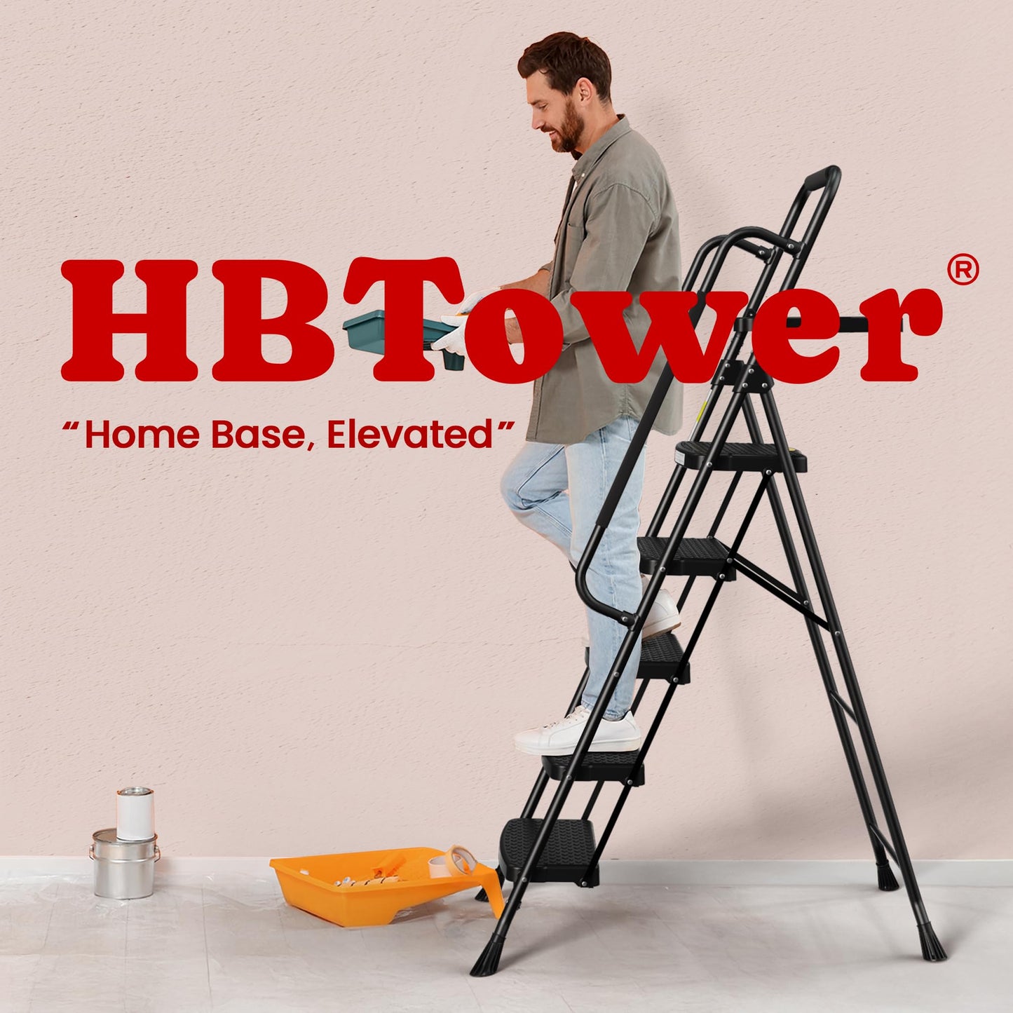 HBTower Step Ladder, 5 Step Ladder for Adults with Wide Anti-Slip Pedal, Step Stool Foldable with Handrails & Tool Tray, 330 Capacity for Home and Kitchen, Black