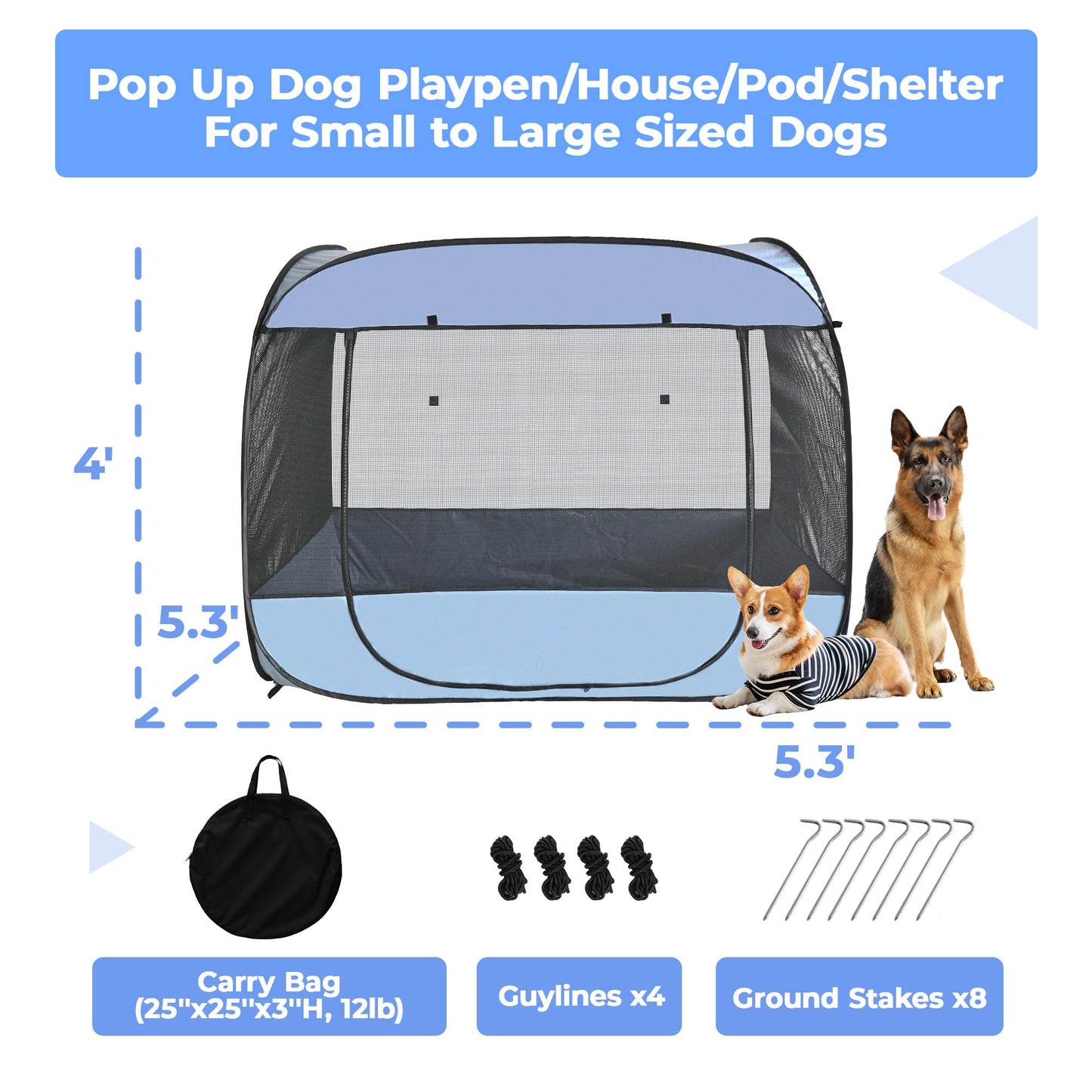 EighteenTek XLarge Popup Portable Dog Houses, 5.3'x4'H Assembly-Free Gazebo-Style Dog Cot Cat Playpen Screen Pet Tent Sun Shade Shelter Dog Bed with Canopy for Outdoor, Anti-Bugs with Leakproof Bottom