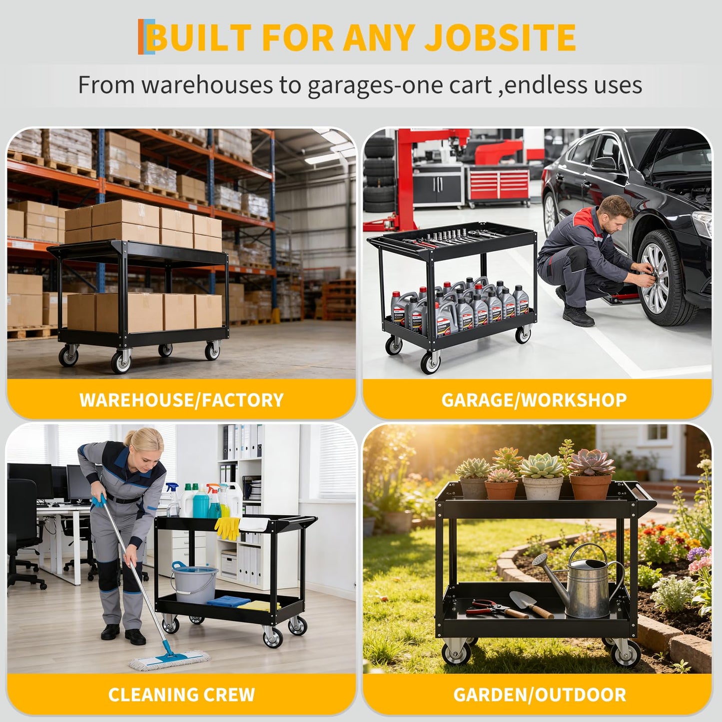 Utility Cart on Wheels, 500 lbs Capacity, 40" x 24.4" x 32.48",Rolling Work Carts with Wheels, 2 Shelf Heavy Duty Steel Service Cart Suitable for Warehouse, Garage, School & Office, Cleaning, Black