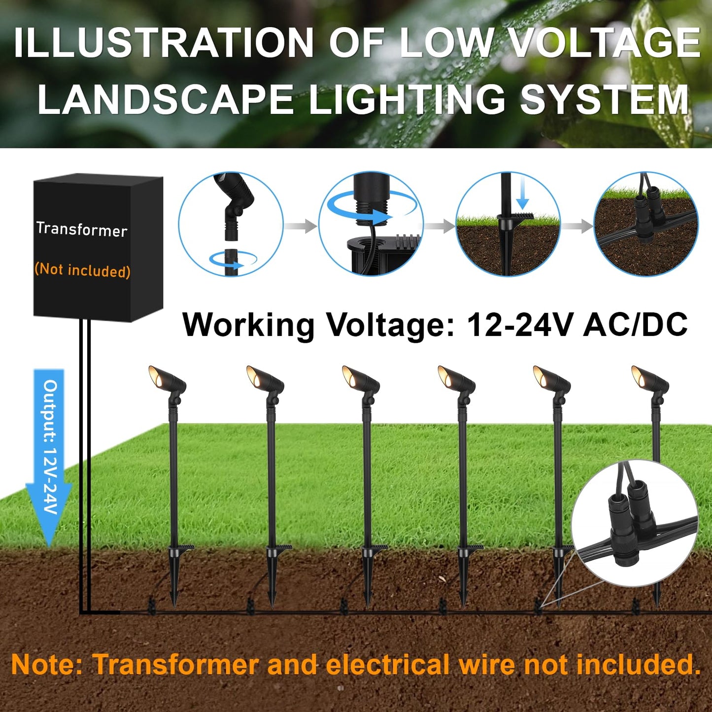 ZestPatio Mini Landscape Spotlights Low Voltage, 16'' Tall Pole, 5CCT 5W 12V LED Landscape Spot Lights Wired for Outdoor Palm Tree House Yard Flag Pathway Path Sidewalk, 60° Beam Angle, Black, 6PK