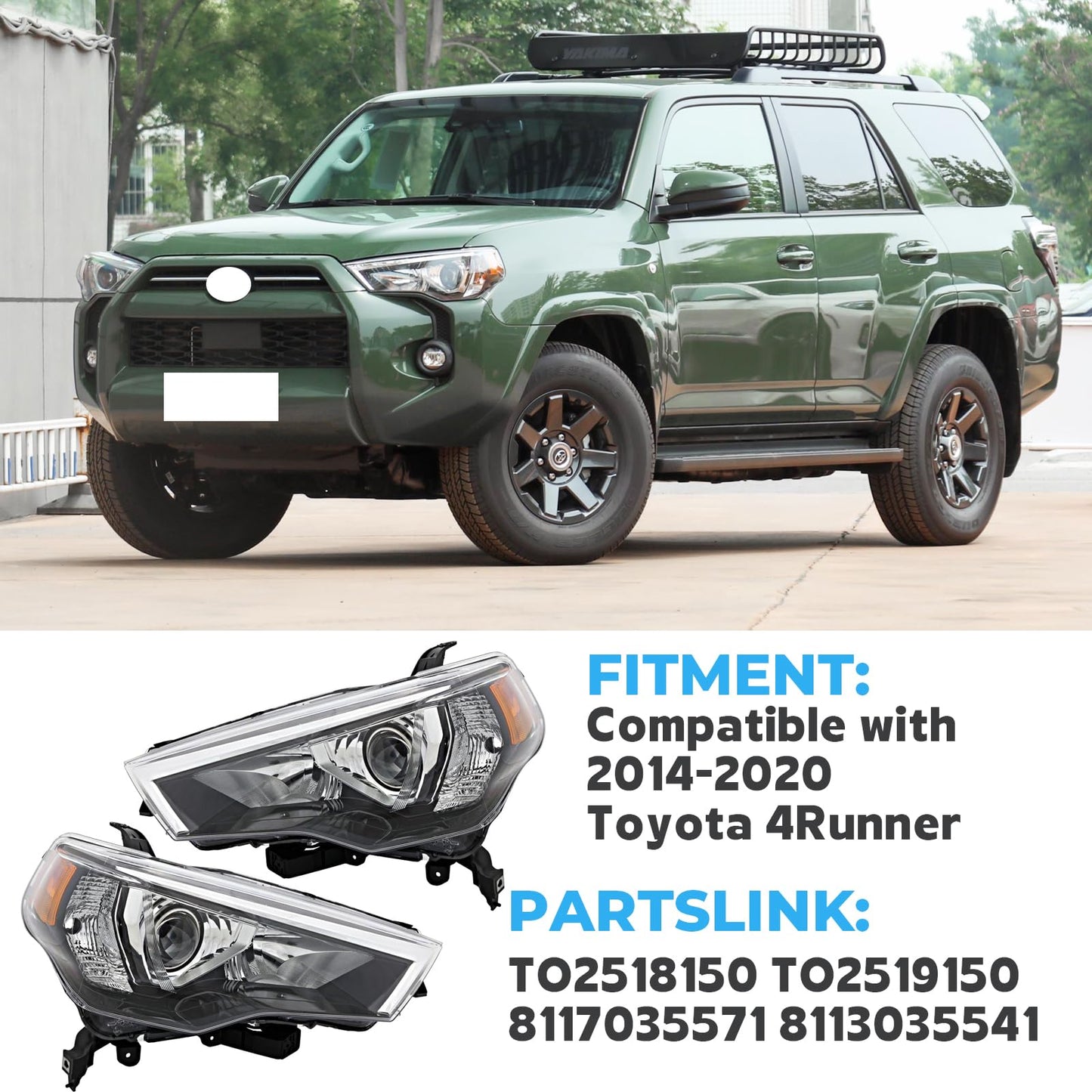 Headlight Compatible with 2014-2020 Toyota 4Runner,Factory Style Halogen Headlamp Chrome Housing Amber Reflector Replacement Driver Passenger Side TO2518150 TO2519150 8117035571 8113035541