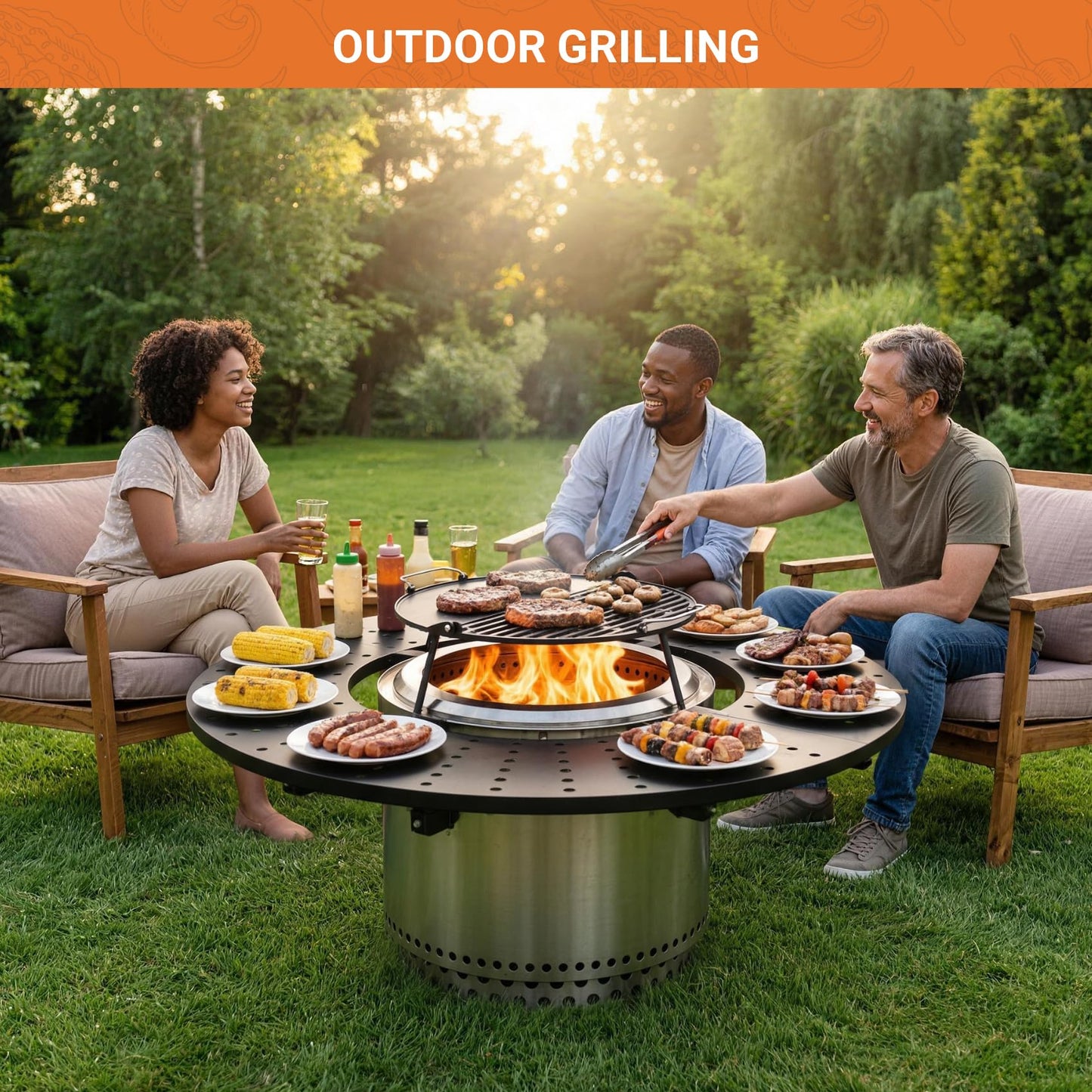 onlyfire Direct Mount Tabletop for Solo Stove Bonfire 19.5 inch Fire Pit, 40 inch Round Heat-Resistant Surround Tray, 4-Piece Modular Patio Snack Table for Drinks & Food, Solo Stove Accessories