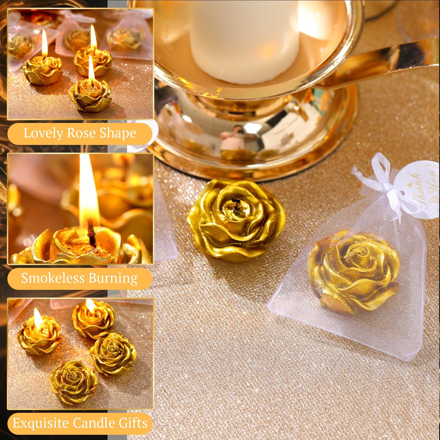 Treela 50 Set Flower Candles Wedding Favor for Guests Mini Gold Rose Shaped Tealight Candles for Return Gift Wedding Birthday Bridal Shower Housewarming Party