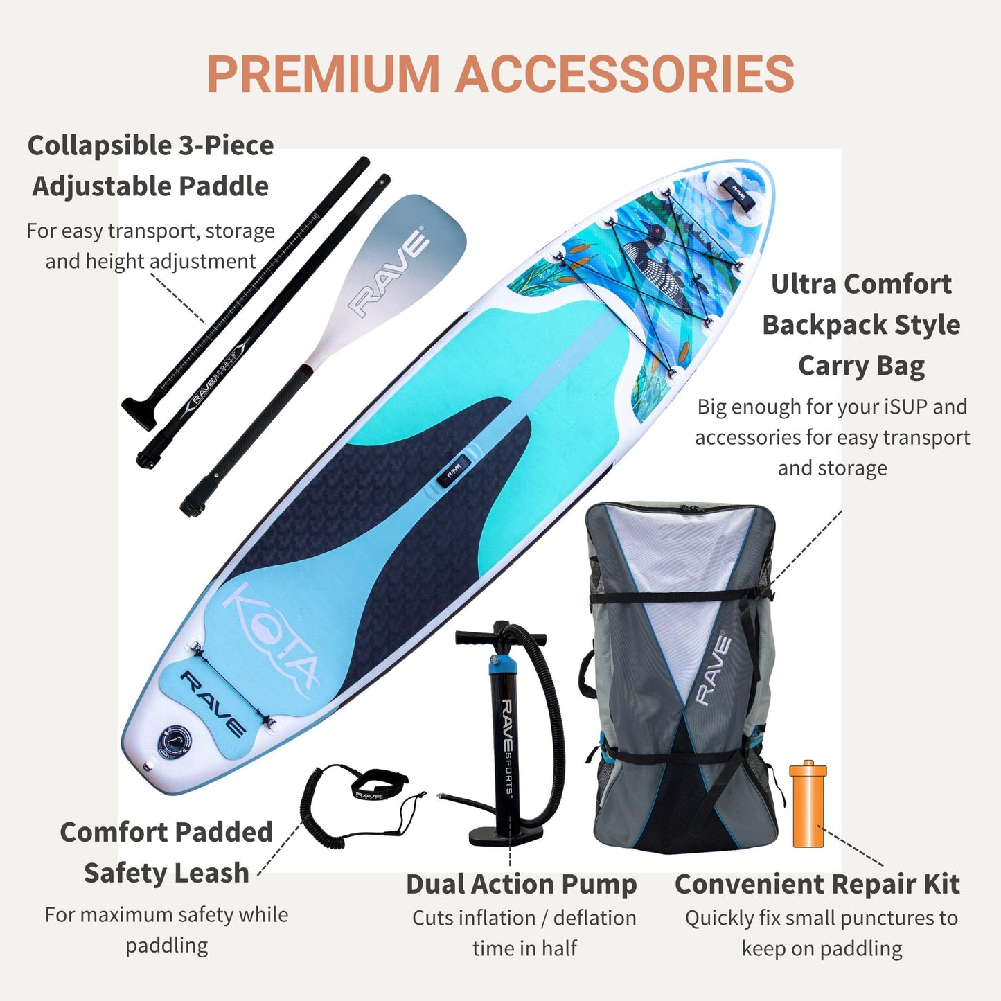 RAVE Sports Kota Series Inflatable Stand Up Paddle Boards 10 ft 6 in with Premium SUP Paddle Board Accessories, Stable Design & Non-Slip Comfort Deck for Youth & Adults