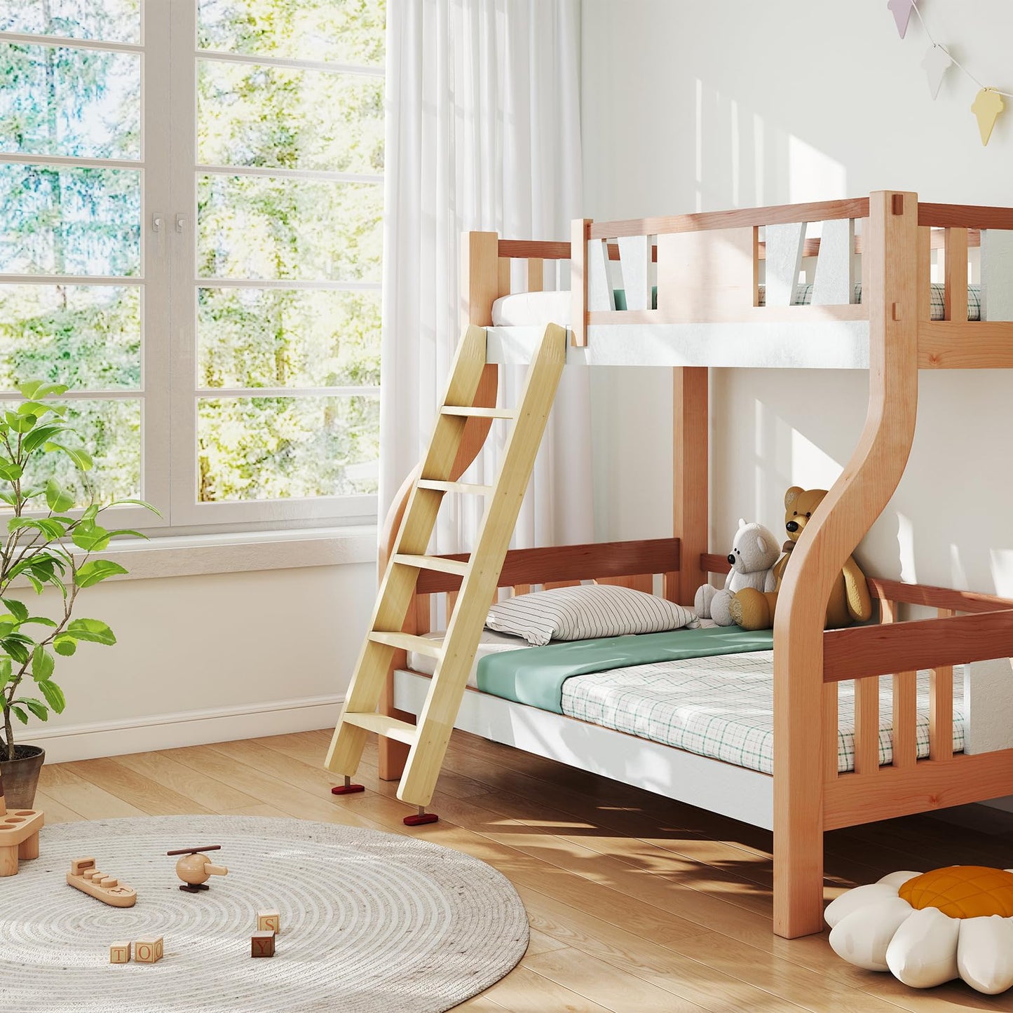50" 55" 60" Wood Bunk Bed Ladder, Lofted/Dorm/RV Bed Bunkbed Ladders with 4in Extra Wide Steps and Non-Slip Pads, Replacement Wooden Ladder for Motorhome/Camping (Wood Color, 60in /153cm)
