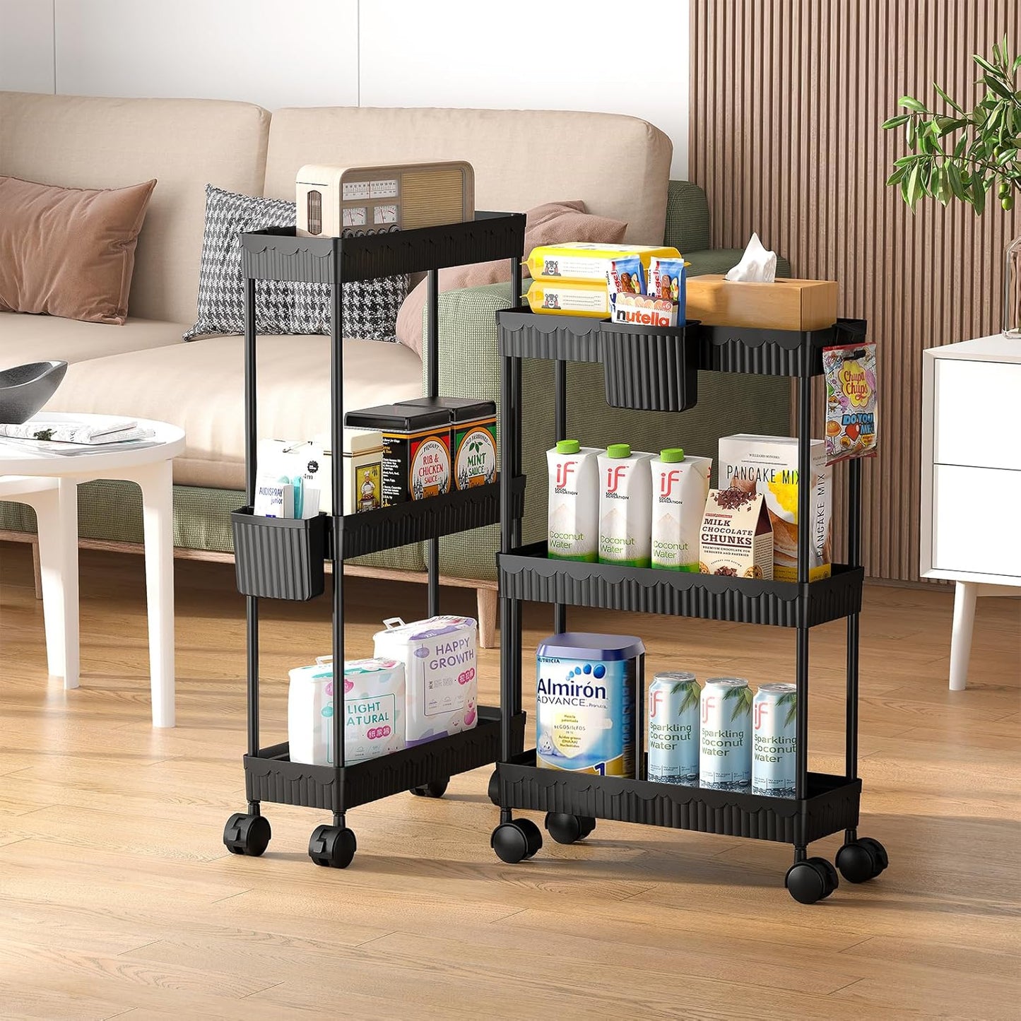 Sevenblue Slim Rolling Storage Cart - 3 Tier Utility Organizer with Wheels for Kitchen & Bathroom (Black)
