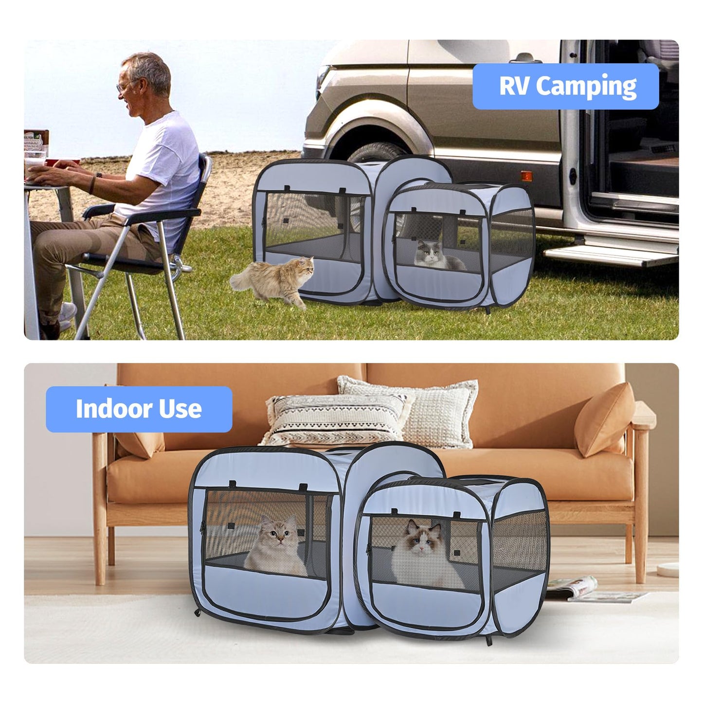 EighteenTekยฎ 2-in-1 Portable Cat Playpen(Front Doors), Pop up Kitten Playpen, Assembly-Free, Pet Tent Crates Kennel Cage Enclosure for Dog Puppy Indoor Outdoor(No Divider, Unified Space)