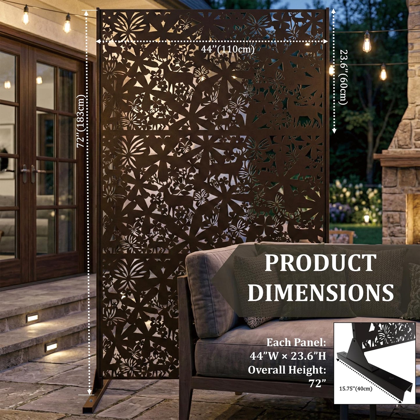 Metal Privacy Screen Outdoor 6FT โ Freestanding Laser Cut Steel Garden Divider Panel with Stand, Decorative Modern Privacy Screen for Patio, Deck, Backyard & Balcony, Rustproof & Weather-Resistant
