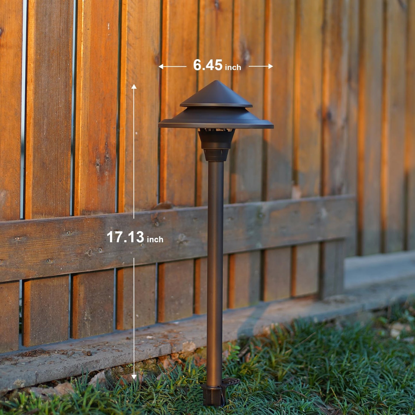 GOODSMANN Low Voltage Landscape Lighting 4PK LED Path Lights Oil Rubbed Bronze 4W 32 Lumen Hardwired 2 Tier Pagoda Landscape Pathway Lights 3000K Warm White Metal Stakes Cable Connectors