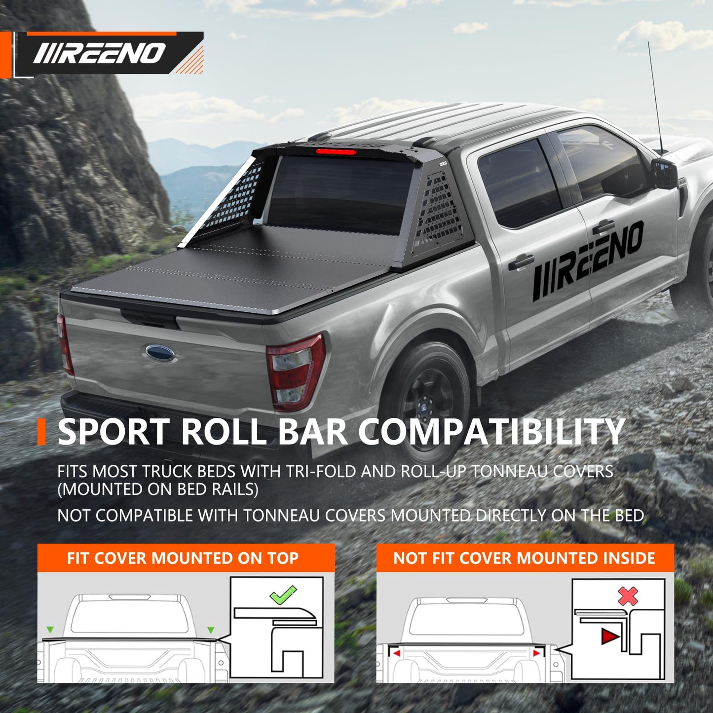 Roll Bar for Full-Size Pickup Trucks - Universal Truck Bed Rack & Chase Rack with Third Brake Light Combo, Heavy Duty Headache Rack, No Drilling