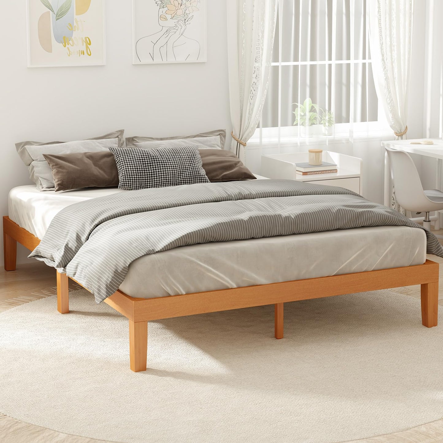 Sweetcrispy Queen Wood Platform Bed Frame, Solid 1000LBS Heavy Duty Bed Base with Wooden Slat Support, Sturdy, Stylish & Noise-Free Design, No Box Spring Needed, 12IN Natural Pine