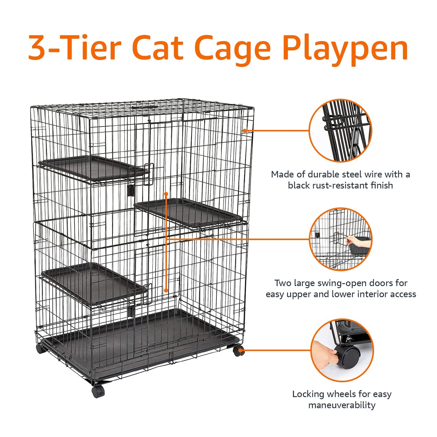 Amazon Basics Large 3-Tier Cat Cage Playpen with Easy to Clean Removable Tray, Front Doors, Portable, Foldable, 35.8" x 22.4" x 50.6", Black