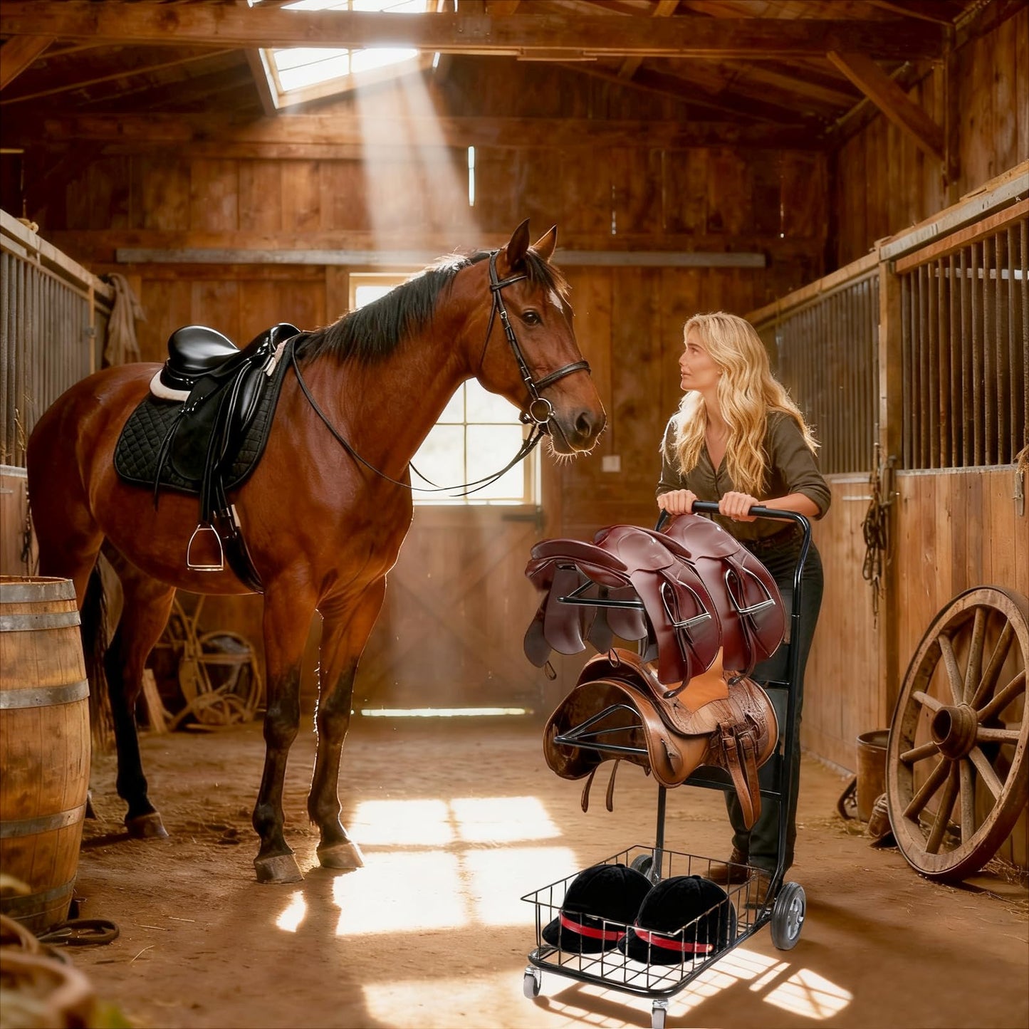 Rolling Saddle Rack Cart with Basket, 220 Lbs, Horse Tack Dolly Saddle Stand for Western & English Saddles, Heavy Duty Saddle Stand for Tack Room, Bridle, Horse Lovers, Cowboy, 32.3*16.9*49.8 inch