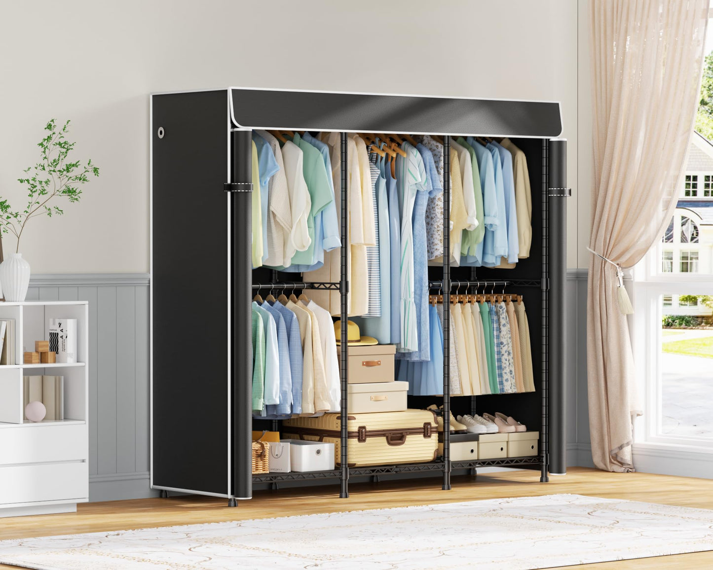 ULIFHOME E14C Heavy Duty Closet Organizer System,Freestanding Clothing Racks for Hanging Clothes,Adjustable Garment Rack 58" W × 16" D × 77" H Hold 860 lbs,Black Rack with Black Dustproof Cover