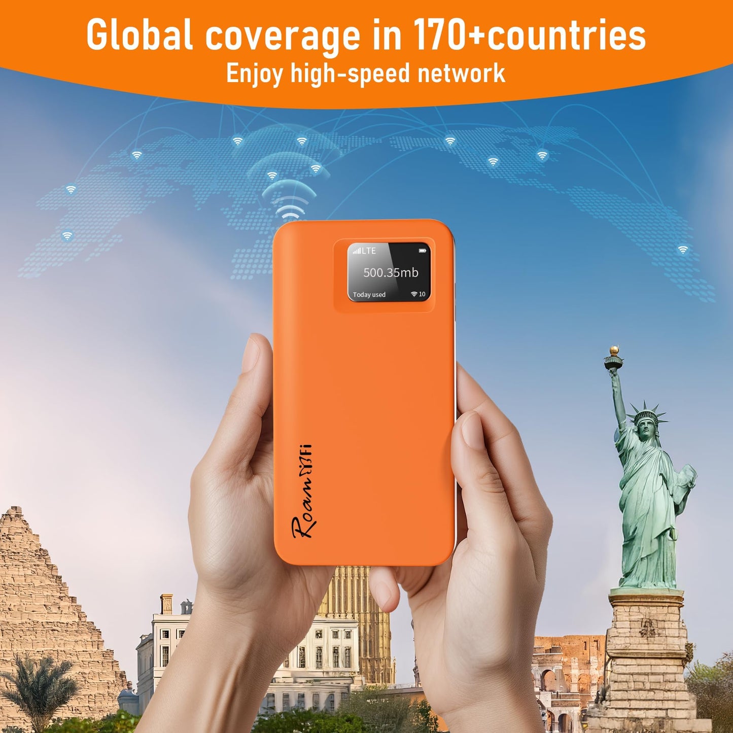 RoamWiFi 4G LTE WiFi Hotspot Router, Portable Mobile Hotspot Device for International Travel, Pocket WiFi No SIM Card Needed, Connect 10 Devices, 10GB Local Data Included, 170+ Countries Coverage