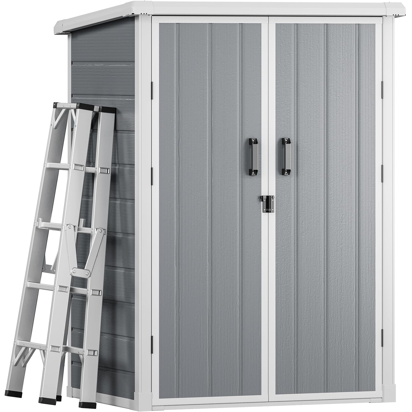 DWVO 5X3FT Outdoor Vertical Storage Shed with 2 Shelves, 60 Cu Ft Waterproof Resin Garden Shed with Floor & Lockable Door, Plastic Tall Tool Cabinet for Garbage Can, Lawn Garden Supplies, Gray