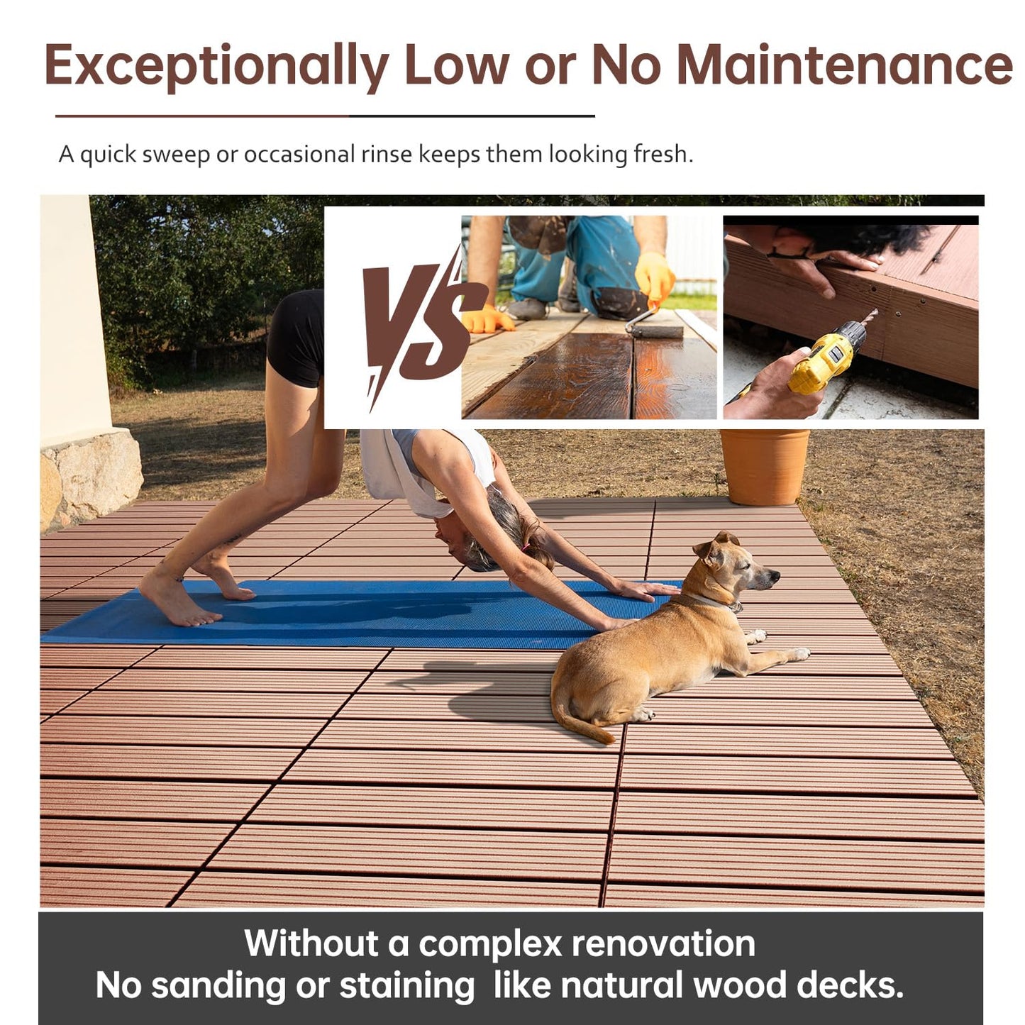EchoDeck Interlocking Deck Tiles,44 Pack Deck Tiles Interlocking Outdoor All Weather,Patio Deck Tiles,12"x12",Vertical,Sturdy Base,Highly Durable,Stylish,Non-Slip,Faster-Drying,Efficient,Brown