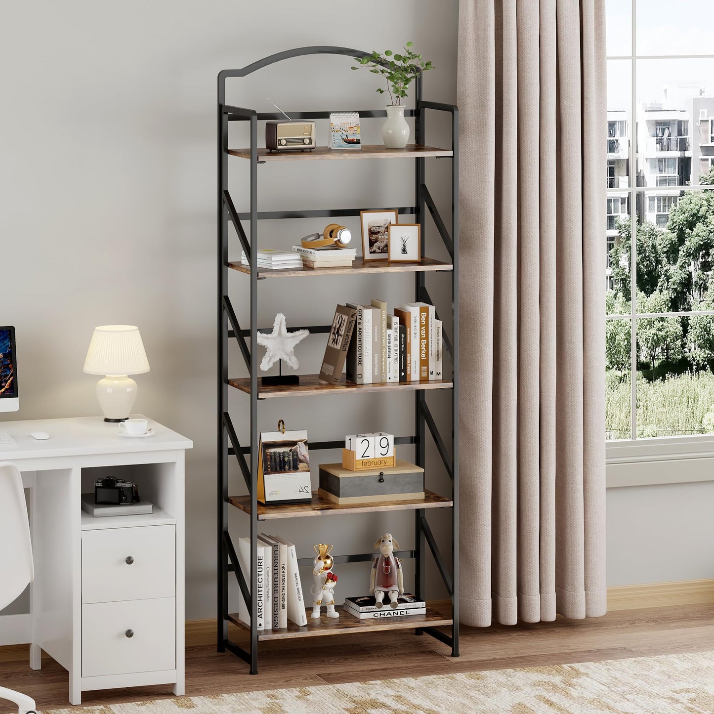 BHG No Assembly Folding Bookshelf for Living Room,Semicircle Collapsible Book Shelf for Home Office, Portable Bookcase Storage Organizer Rack Shelves