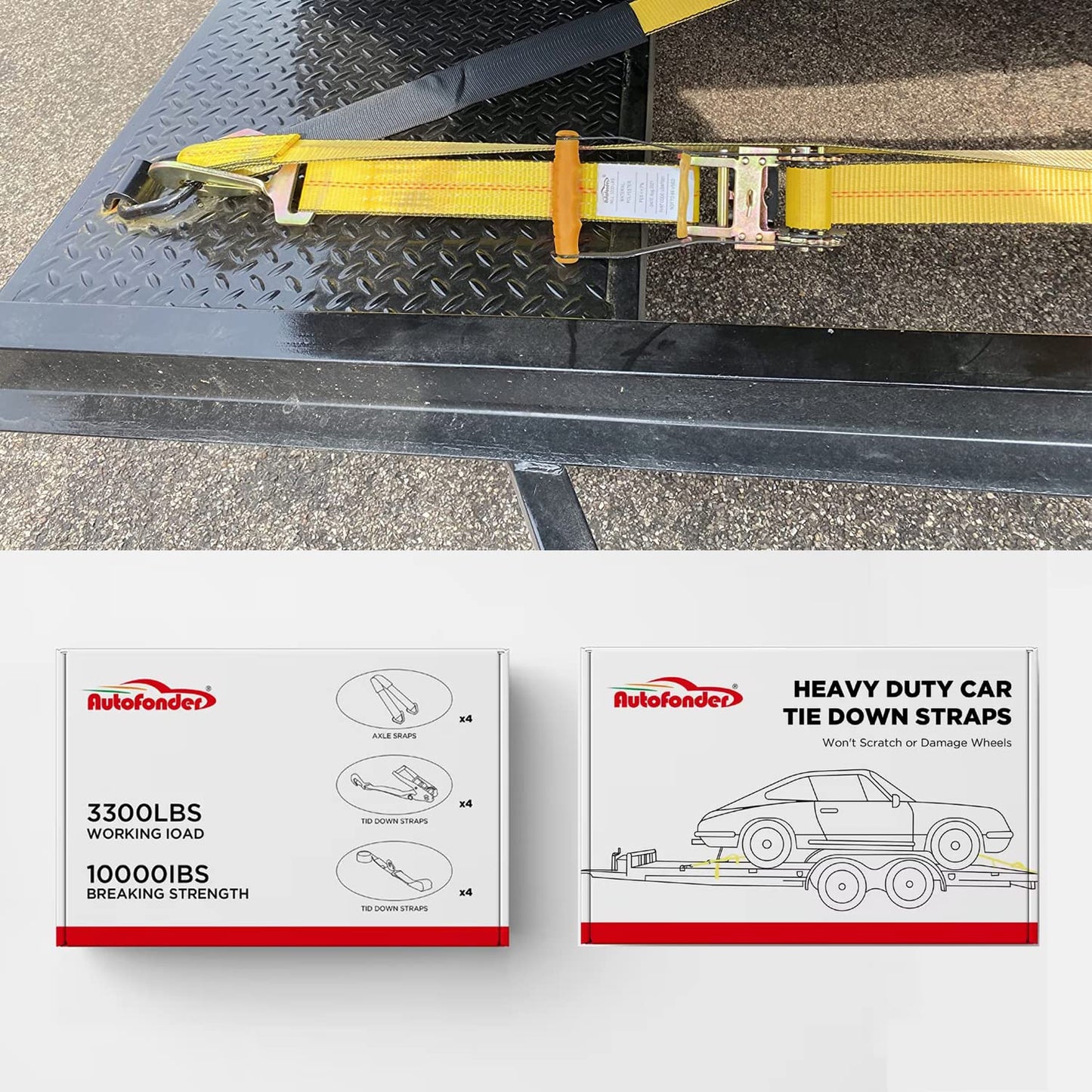 Autofonder Heavy Duty Adjustable Car Tie Down Kit with Snap Hooks -Break Strength 10,000 lbs-Working Load 3333 lbs-Bonus Includes 4 Pack 36" Axle Straps with D-Ring(Yellow)