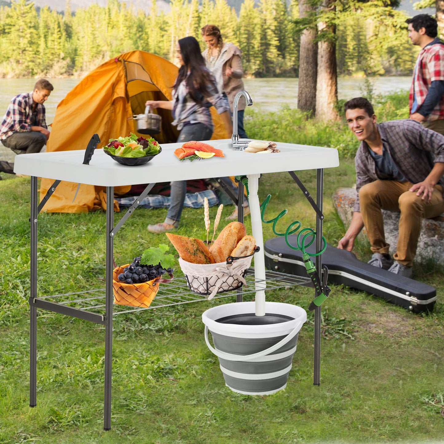 Avocahom Folding Fish Cleaning Table with Collapsible Bucket, Portable Outdoor Fillet Station Camping Sink Table with Faucet, Drainage Hose & Sprayer, Grid Rack, Knife Groove for Picnic Fishing