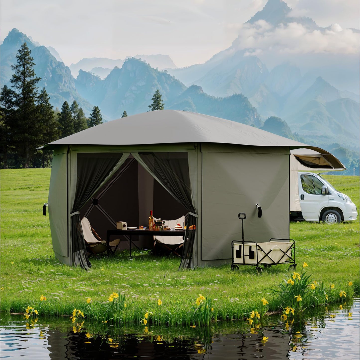 GarveeLife 13x13FT 6-Sided Pop Up Gazebo Tent,One-Push Setup Canopy Tent with Removable Canopy Top & Wind Cloths, Outdoor shelter for Camping, Backyard Parties, Outdoor Events - Grey