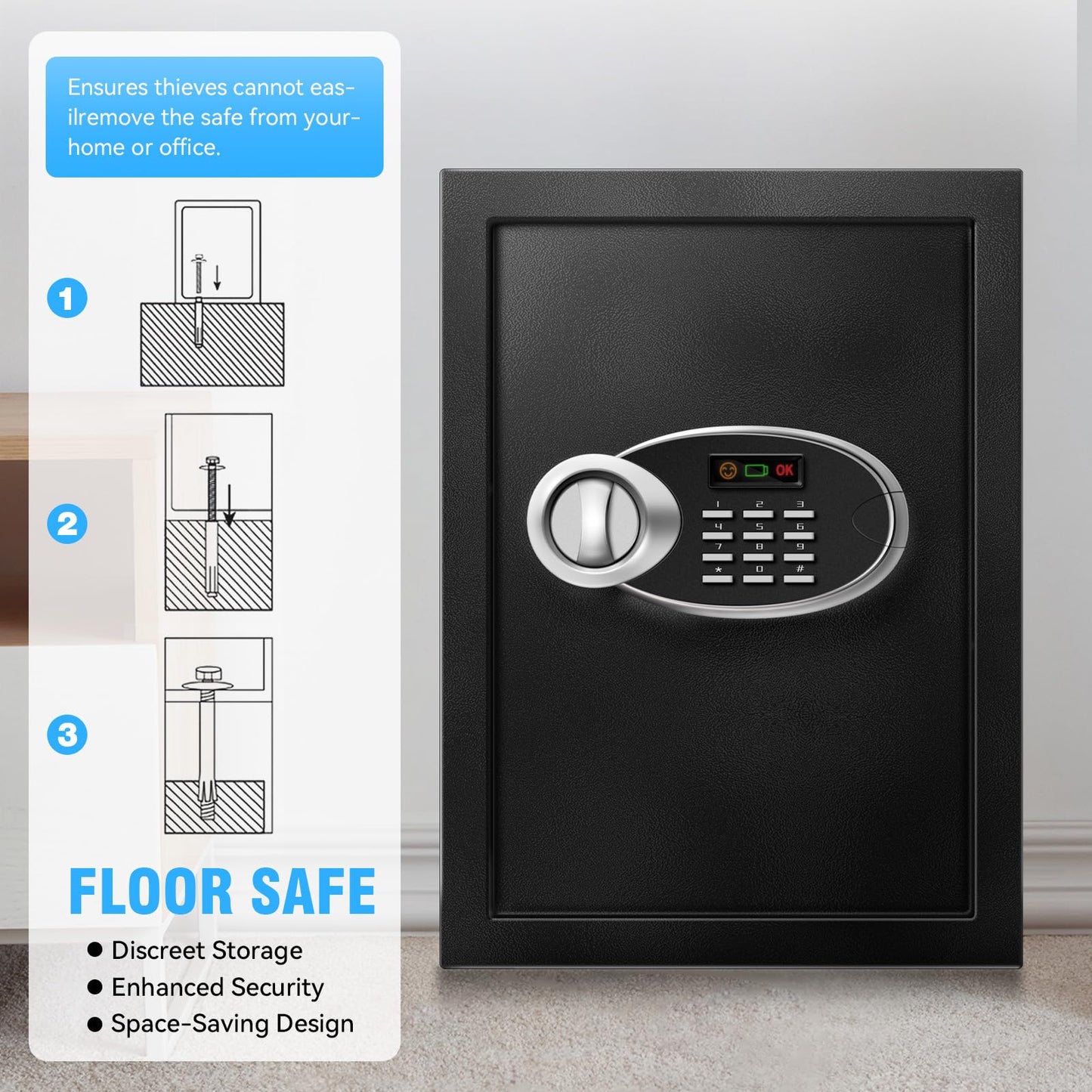 16.54" Tall Large Safe Box with Fireproof Waterproof for Documents - Steel Security Personal Fire Safe with Digital Keypad, Emergency Battery Box & Combination Lock, Safety Box for Valuables Money