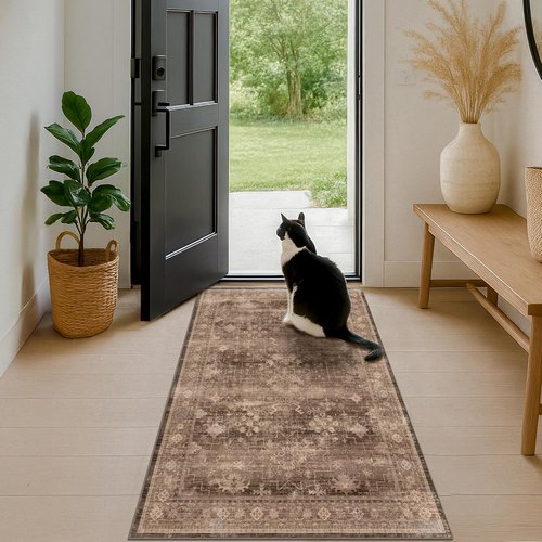 Boho Taupe Brown 3x5 Area Rug - Modern Vintage Washable Non-Slip Entryway Mat for Indoor Use