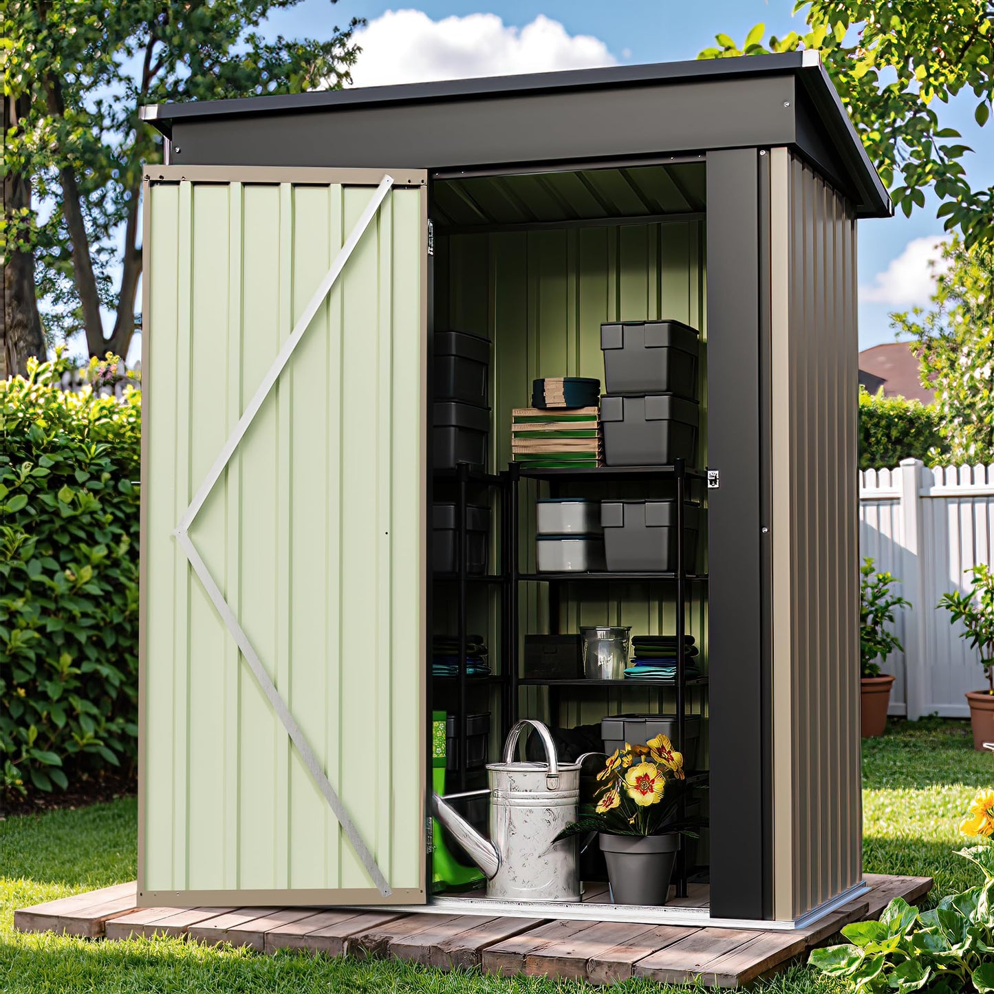 Patiowell 5x3 FT Outdoor Storage Shed, Tool Shed with Sloping Roof and Lockable Door, Metal Shed for Backyard Garden Patio Lawn, Brown