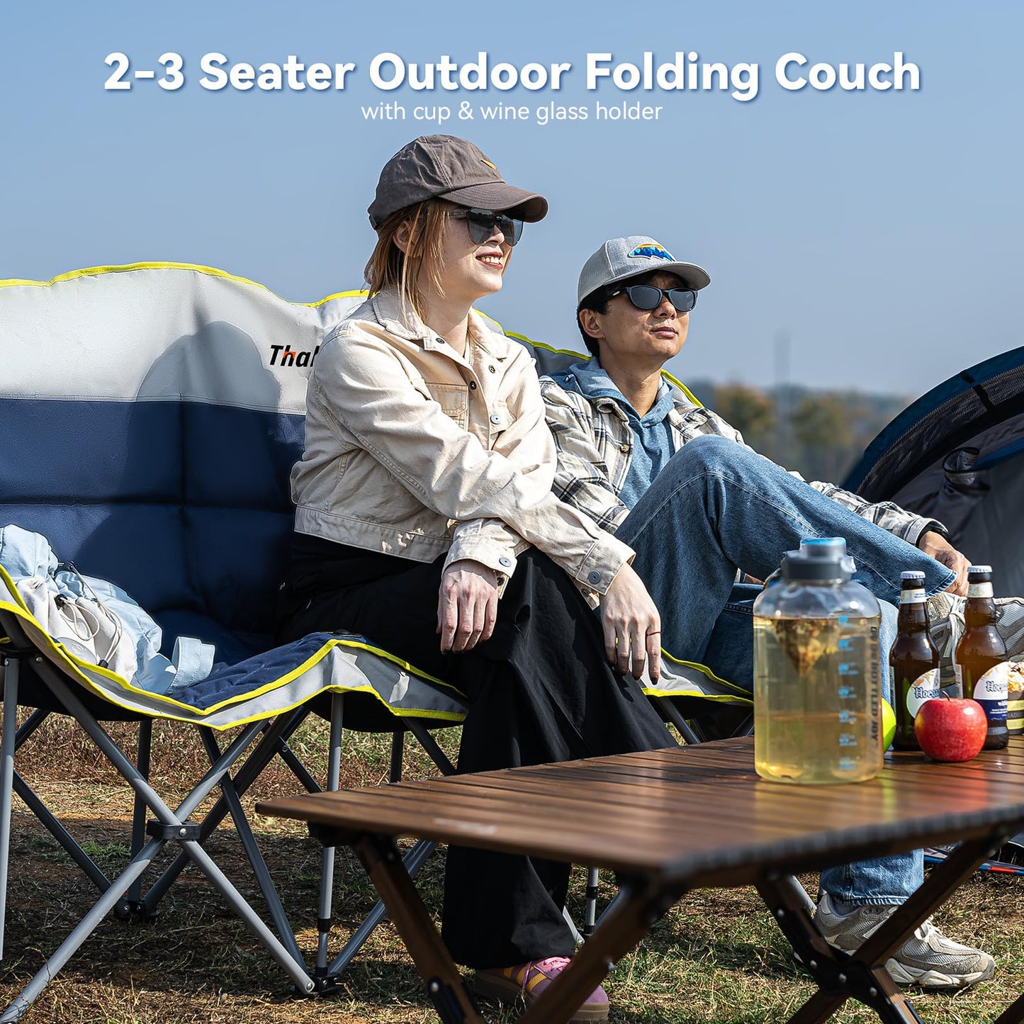 Thallike Double Camping Chair – 2-3 Person Outdoor Folding Sofa with Cup & Wine Glass Holders – Oversized Loveseat Camping Couch for Campfire, RV, Backyard – Supports Up to 1050 lbs