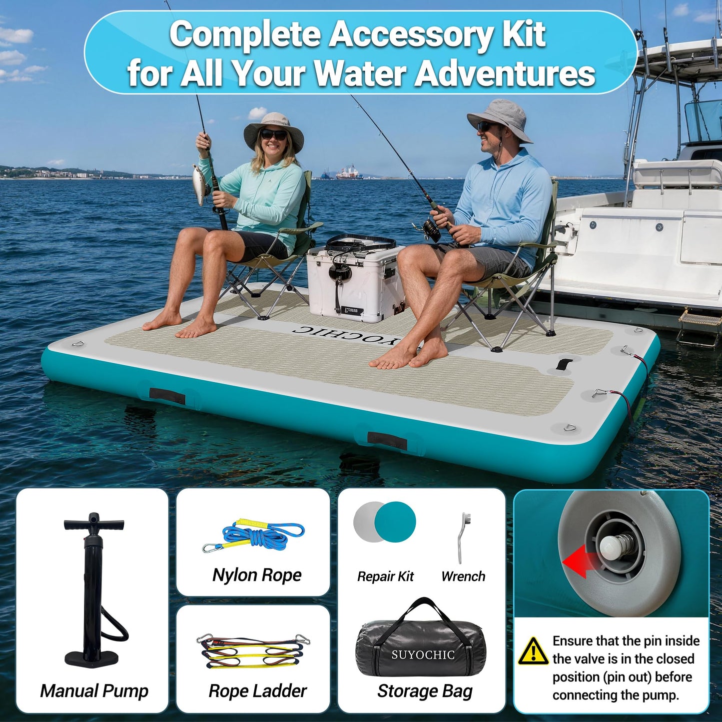 SUYOCHIC 10FT x 6FT Inflatable Floating Dock with EVA Non-Slip Surface, Air Dock Floating Platform Lake Floats, Water Mat Floating Island Raft Mat for Lake Beach Boat Ocean