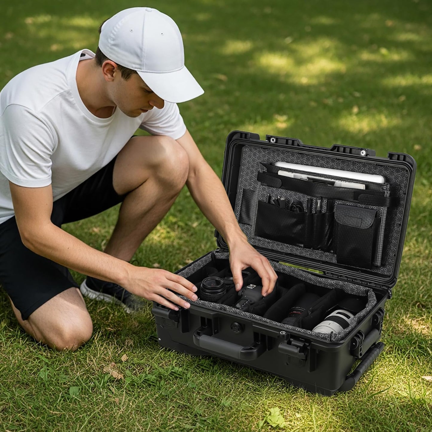 GarveeTech Protective Case,Heavy Duty Protective Dry Box Case with Padded Dividers and Wheels,Waterproof Travel Camera Case Dustproof and Impact Resistant,22” x 14” x 9”,for Travel, Hunt
