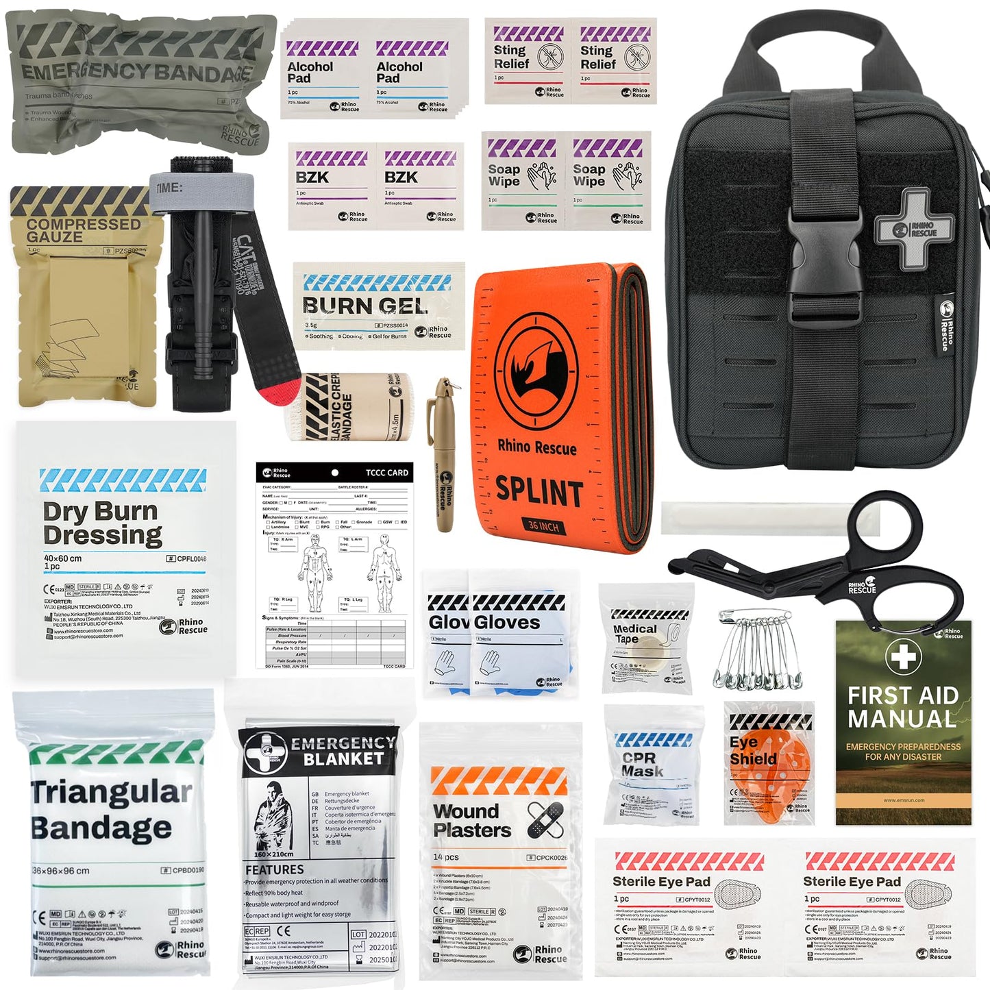 RHINO RESCUE Sterile Compressed Gauze for Emergency Wound Dressing+IFAK Trauma Kit with C-A-T Tourniquet for Wound Care (BSC, Black)
