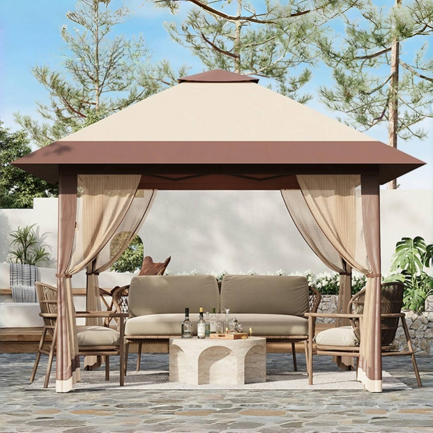 OutdoorVibe 13'x13' Gazebo, Pop Up Patio Gazebo Outdoor Canopy Tent with Double Roof Mosquito Netting & Portable Carry Bag for Backyard Lawn Deck Garden (Khaki)