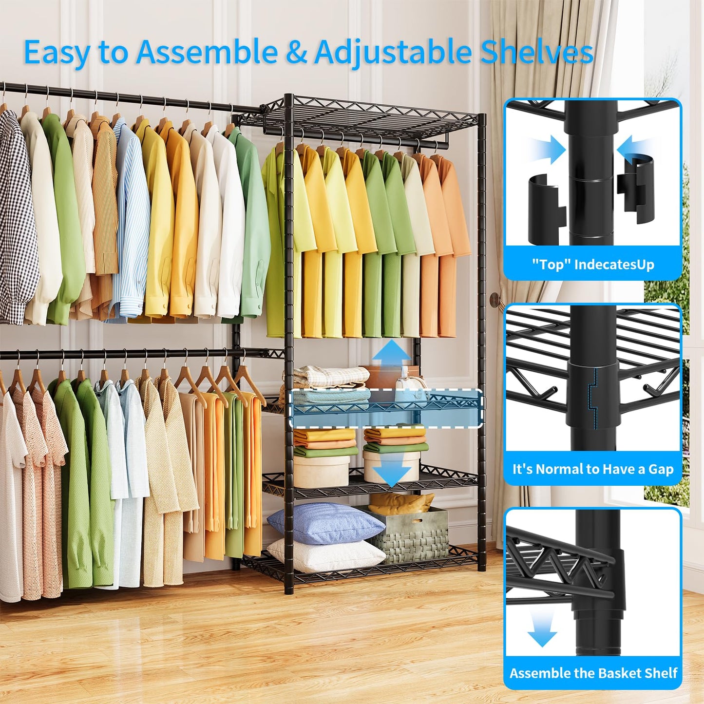 ecobedding Heavy Duty Garment Rack, 900LBS Max Load Freestanding Closet Organizer with 6 Storage Shelves & 3 Adjustable Hanging Rods, Multifunctional (Black, 15.75" D x (69.7~88.2)" W x 79.5" H)