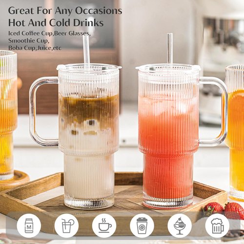 INSETLAN 24oz Ribbed Glass Tumbler Set - 2-Pack Large Iced Coffee Cups with Straws & Lids | Modern Travel Mugs for Cold & Hot Beverages
