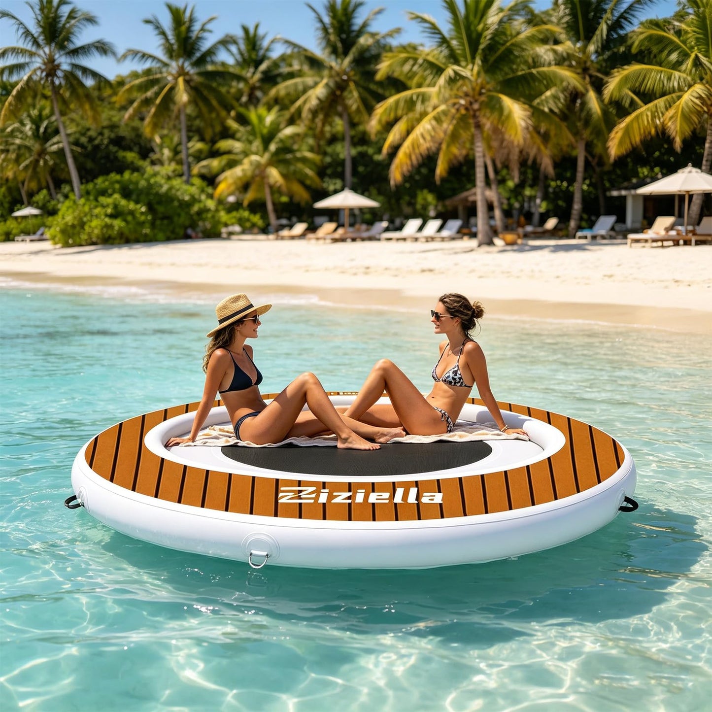 Ziziella Inflatable Water Hammock Floating Dock, 8FT Round Floating Ring for Adults Kids with Anti-Slip Sticker, 6 inch Thick Floating Platform River Floats Dock for Pool Ocean Lake Beach