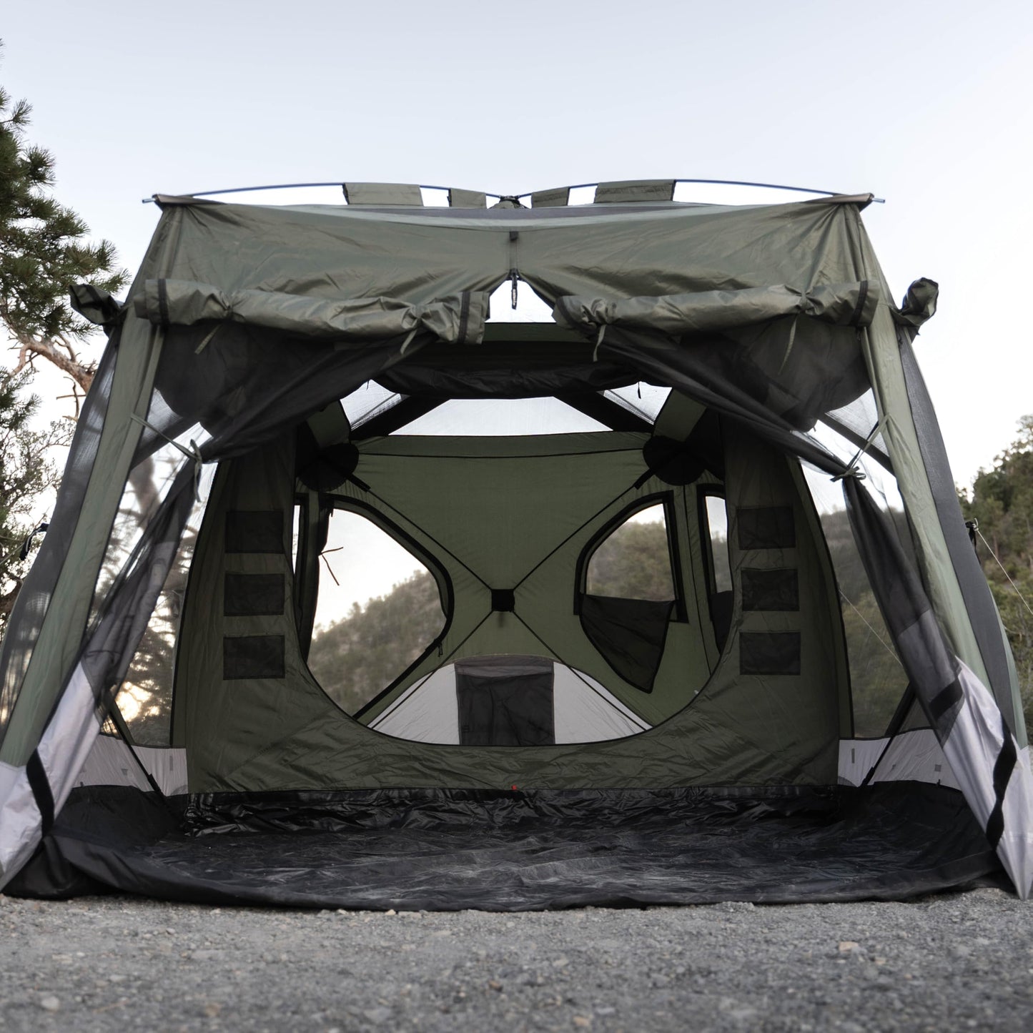 Gazelle Tents™, T4 Tandem Hub Tent, Easy 90 Second Set-Up, Waterproof, UV Resistant, Convertible Screen Room, Removable Floor, 4-8 Person, Alpine Green, 78" x 94" x 165", GT450GR