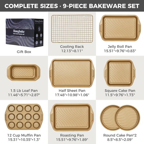 HONGBAKE 9-Piece Non-Stick Baking Pans Set - Wave Texture for Reduced Oil | Durable 0.8mm Bakeware in Gold