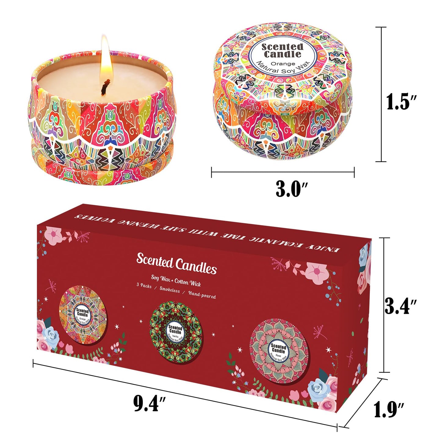 Scented Candles Gift Set,3 Pack Candles for Home Scented, Long Lasting Soy Wax Aromatherapy Candle Set, Gifts for Women with Gift Box(Rose.Vanilla.Orange)