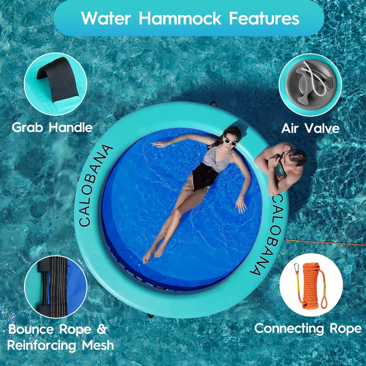 CALOBANA 8' x 8' Heavy Duty Floating Hammock for Multi Person Party Lake Floating Island with Mesh Water Rafts for Lake Tanning Pool Lounger Float for Adults Round Float Mat