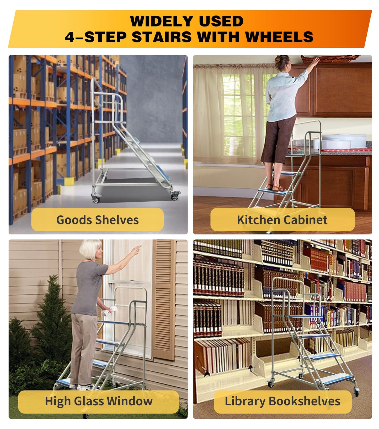 4 Step Rolling Stairs with Wheels, Industrial & Warehouse 4-Step Stairs, Non-Slip Rolling Steps with Stair Edge Protector, Easy to Move Rolling Steps for Goods Shelves, 23.6"x59.1", 445LBs Capacity