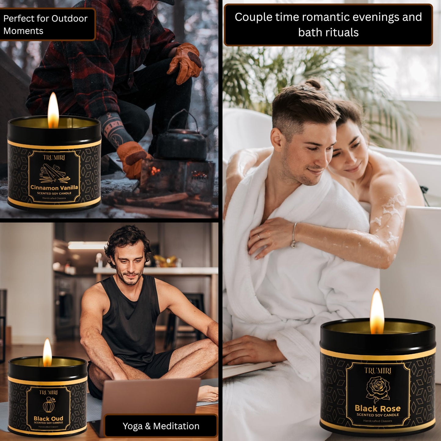 Candle Gift Set of 3 Black Oud|Cinnamon Vanilla|Black Rose Strong Scented Soy Candels Clean Non Toxic Velas Aromáticas Favors for Women Coworkers Friends Guests Also for Diwali Christmas Holidays