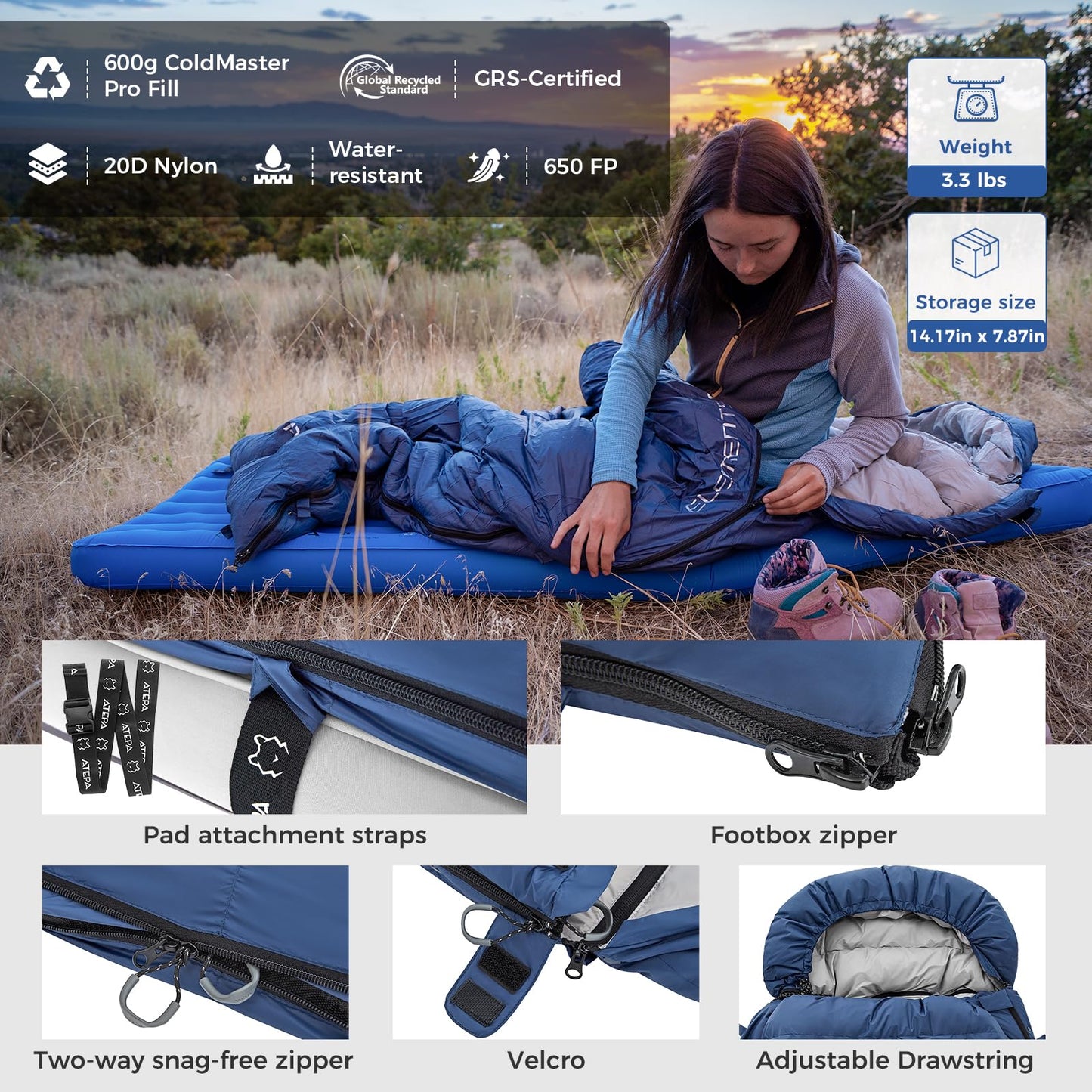 ATEPA 3-in-1 Hybrid Down Sleeping Bag, 650FP Ultralight Backpacking Sleeping Bag for Big and Tall, XL Wide 3-Season Sleeping Bag with Pad Attachment Straps & Detachable Hood for Hiking, 30°F Limit