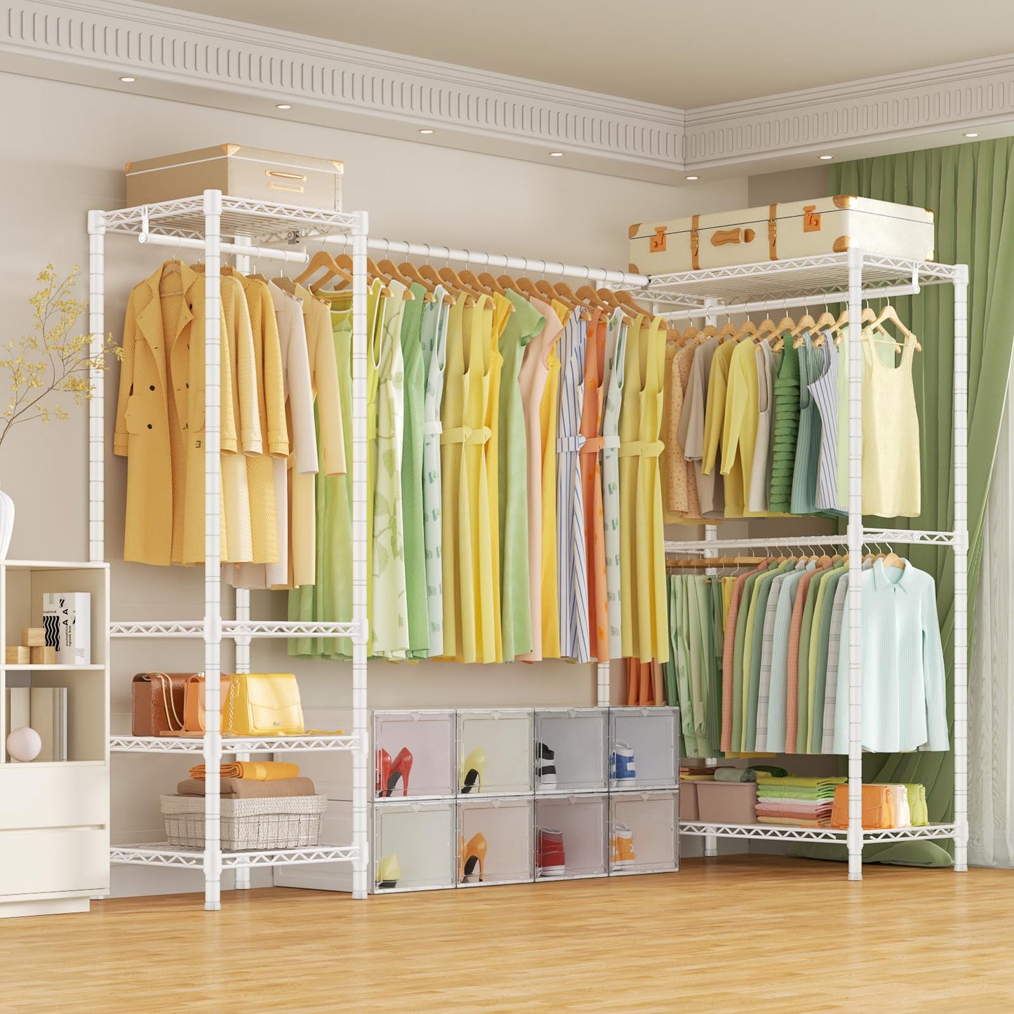 ULIFHOME E10L L-Shaped Clothes Rack for Corner(With Expandable Hanger Rod)Heavy Duty Freestanding Clothing Racks for Hanging Clothes,Portable Garment Rack 58-82"W x 30"D x 72"H,Max Load 900LBS, White